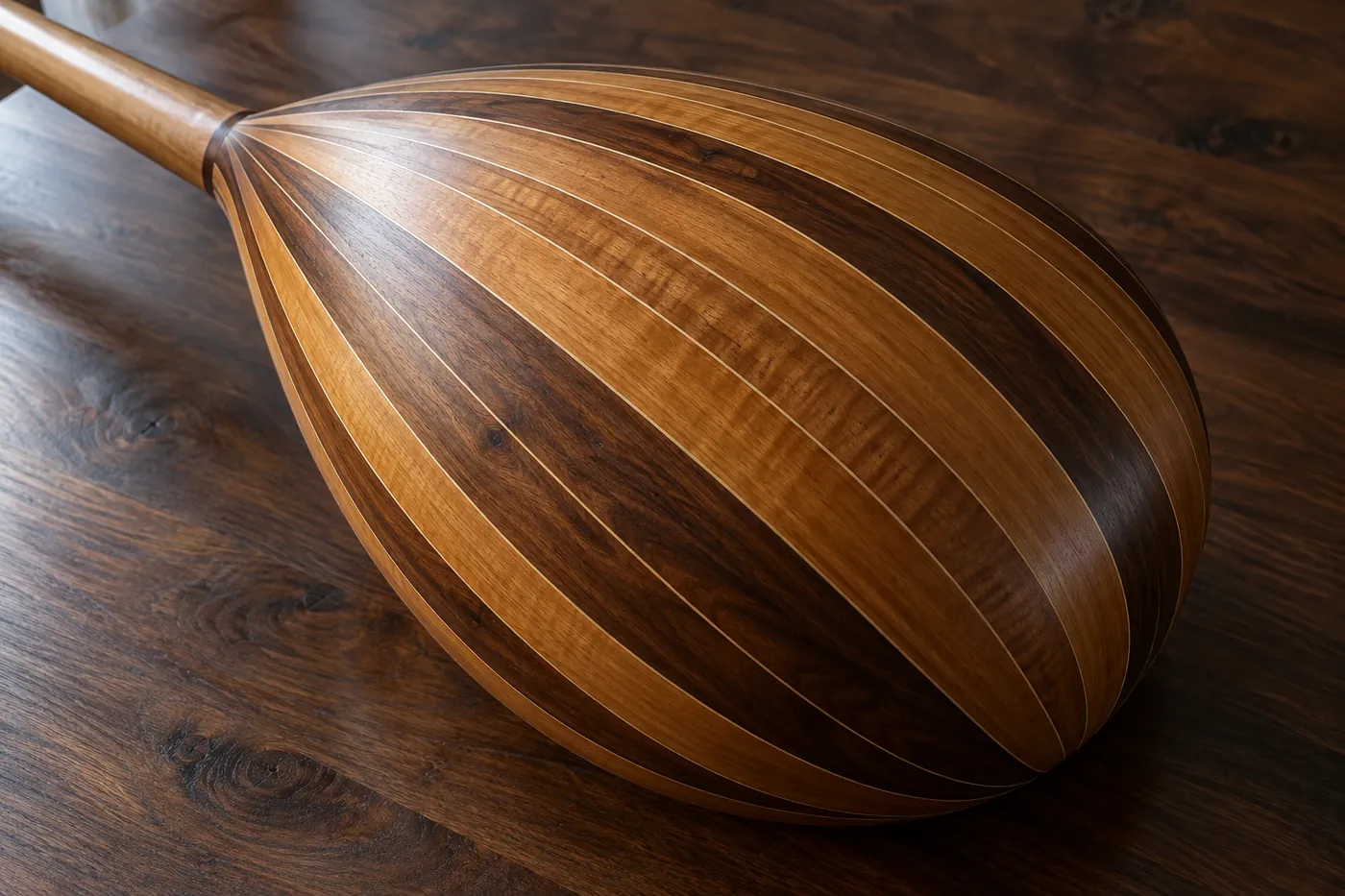 Illustration: gewölbter Rücken einer Saz aus hellen und dunklen Holzspänen auf einem Nussbaumtisch