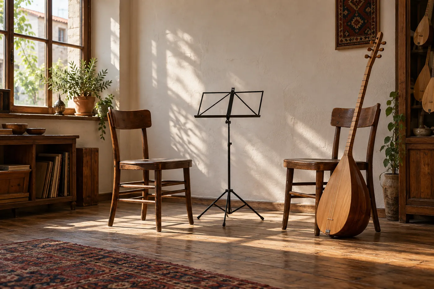 Illustration: zwei Holzstühle in einem kleinen Musikladen, an einem lehnt eine Saz, dazwischen ein leerer Notenständer